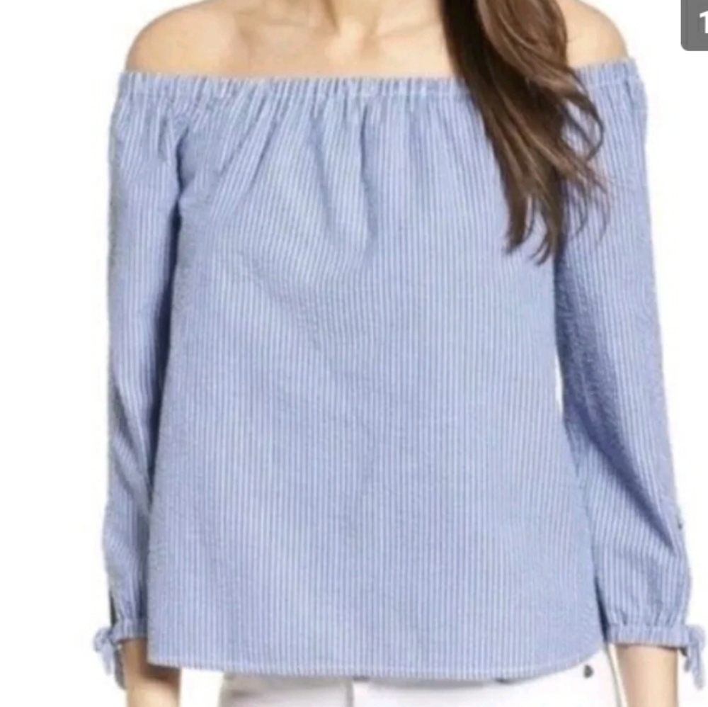 Vineyard Vines Light Blue and White Stripe Off-Shoulder Blouse